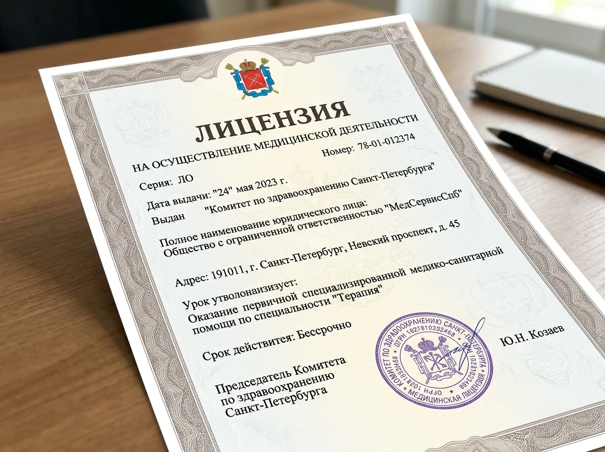 Лицензия на медицинскую деятельность № ЛО-78-01-012374, выданная Комитетом по здравоохранению Санкт-Петербурга, официальный документ с гербовой печатью